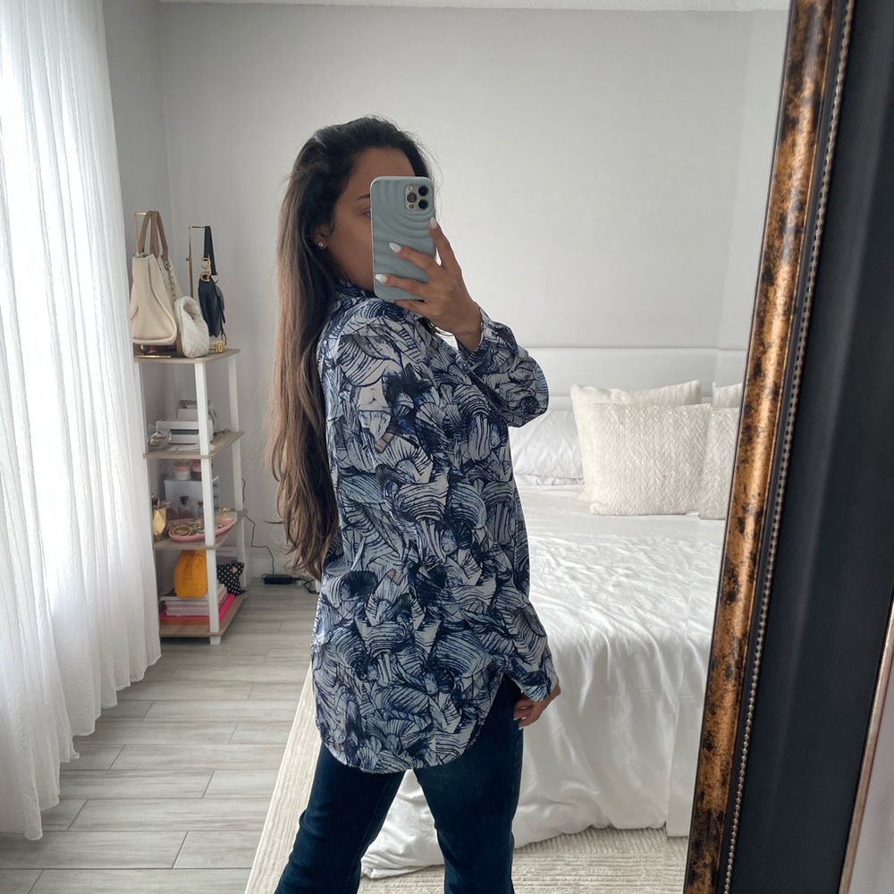 AZAI Blue & White Leaf Print Tie-Neck Blouse | Long Sleeve Floral Top | Medium - Picture 3 of 4